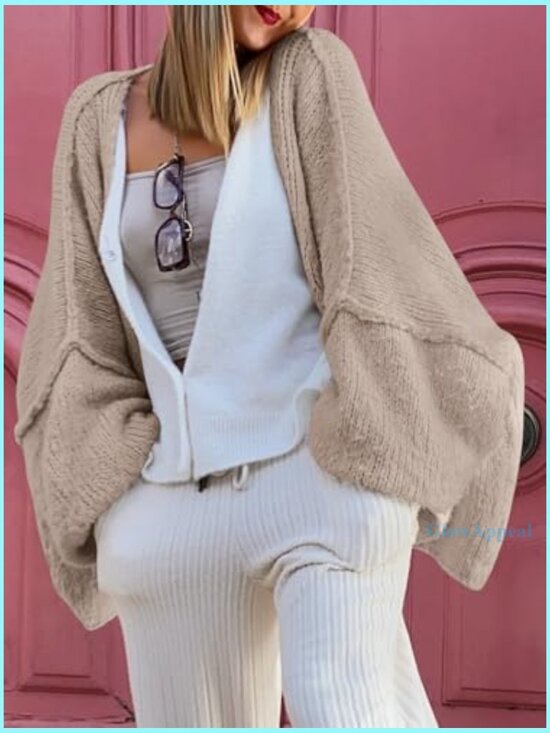 Oversized Chunky Cardigan with Lantern Sleeves, V-Neck, Extra Long Length - Picture 5 of 6